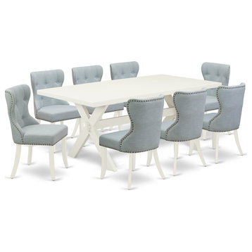 X027Si215-9, 9-Piece Set, 8 Chairs, Table and Wooden Cross Legs-Linen White