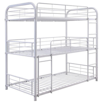 Triple Full Bunk Bed, Metal Frame With Safety Guard Rails and 2 Ladders, White