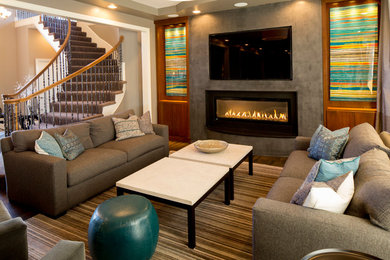 Inspiration for a mid-sized transitional open concept dark wood floor family room remodel in Kansas City with beige walls, a ribbon fireplace, a concrete fireplace and a wall-mounted tv