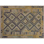 Bareens Designer Rugs - Southwestern Turkish Kilim Bonny Hand-Woven Wool Rug - 5'11'' x 8'1'' - Elevate the elegance of your home with this stunning hand-woven tribal Kilim wool rug. Meticulously crafted on a loom by the Nomad Turkman people using hand-spun wool and 100% natural vegetable dyes, these rugs are recognized for their repetitive geometric patterns, incorporating naturalistic floral and traditional designs. The contemporary fashion palette results in bold, sharp patterns that are incredibly versatile, as the pattern is the same on both sides. These reversible rugs feature a lighter shade on one side and brighter colors on the other, providing versatility according to preference. These unique rugs are made by knotting short strands of different colors onto the warps and securing them by tightly pressing the wefts. The designs are created by interweaving the various colored wefts and warps. Kilims are known for their exceptional durability and versatility, making them truly unique rugs.  Product Details    Rug Size: 5'11'' x 8'1''  Material: 100% Wool  Style: Kilim, Flat Weave, Dhurrie, Turkish, Southwestern, Rustic, Tribal  Colors: Grey, Gold  Weave Type: Hand-Woven, Handmade  Pile Height: Less than 0.25 inch