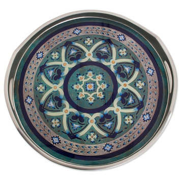 Novica Floral Intricacy In Silver Reverse-Painted Glass Tray