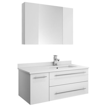 Lucera Wall Hung Undermount Sink Vanity With Medicine Cabinet, White, Right, 36"