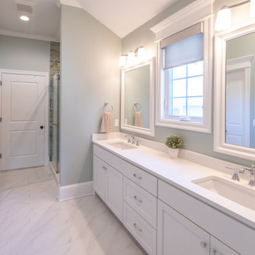 Primary Bathroom Remodel with Herringbone Flooring + Custom Shower