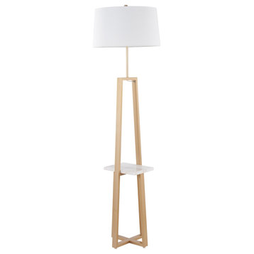 Cosmo Shelf Floor Lamp, White Marble/Gold Metal With White Linen Shade