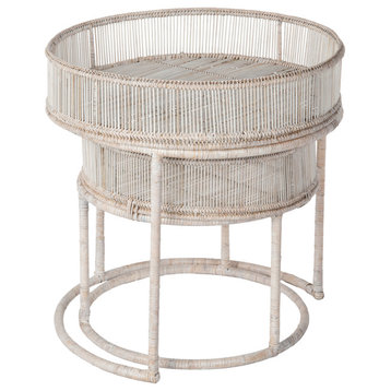 Aman Round Nesting Side Tables, Tray End Tables, Large and Small, White-Wash