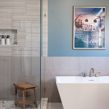 Spa Like Primary Bathroom Remodel with Warm Wood & Brass Details