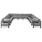 Meridian Furniture - Nizuc Water Resistant Patio U-Shaped Modular Sectional, Gray, 13-Piece: 9 Armless Chair, 4 Corner Chair, Dark Gray Aluminum Frame - Pick and choose your favorites from the Nizuc collection to create a modular seating group the whole gang will enjoy. The sturdy aluminum frame provides dependable support for friends and family as they relax and unwind, and the resilient grey water resistant fabric stands up to the elements without losing its beautiful demeanor, so you can count on it lasting for the long haul. Latches beneath these seating pieces help you easily attach them to one another for convenient setup.
