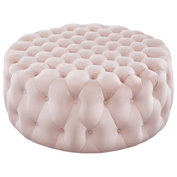 Round Ottoman Accent Tufted Chair, Pink, Velvet, Modern, Lounge Hospitality