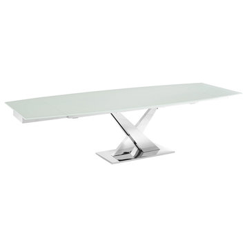 X Base Manual Dining Table with Stainless Base and White Top