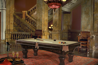 Game room - large victorian open concept game room idea in Orange County with no fireplace, no tv and brown walls