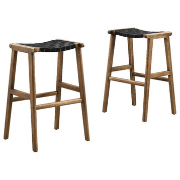 Modway Saoirse 29.5" Woven Leather & Wood Bar Stool in Black/Walnut (Set of 2)
