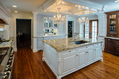 Mid-sized traditional u-shaped separate kitchen in New York with a single-bowl sink, raised-panel cabinets, white cabinets, granite benchtops, stainless steel appliances, medium hardwood floors and with island.
