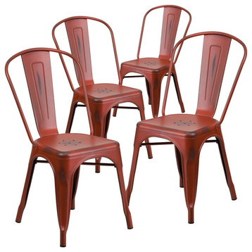 Distressed Kelly Red Metal Indoor Stackable Chairs, Set of 4