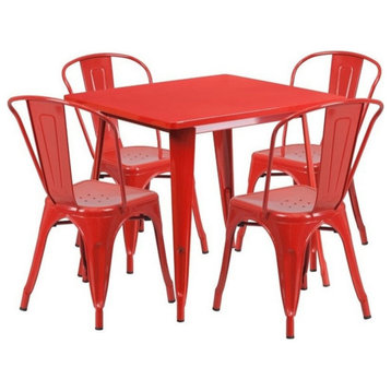 31.5'' Square Red Metal Indoor-Outdoor Table Set With 4 Stack Chairs