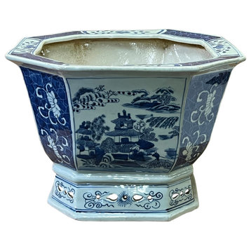 Chinese Blue White Oriental Scenery Porcelain Square Pot Planter Hws3171