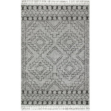 Modern Area Rug, Moroccan Pattern Polypropylene & Tassels, Gray/12' X 15'