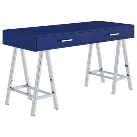 Vivid Desk with 2 Drawers in Lapis Blue Engineered Wood Top and Chrome Base