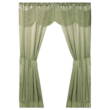 Satin 6-Piece Curtain Set with Valance Voile Panels and Tasseled Tie Backs, Sage