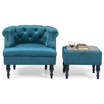 Set of Upholstered Velvet Accent Chair and Storage Ottoman, Azure