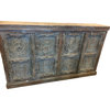 Consigned Lotus Carved Distressed Blue Sideboard, Media TV Storage Cabinet