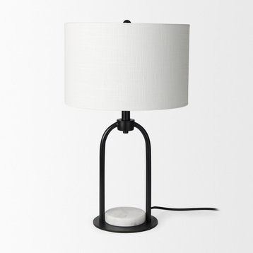 Sarah Arched Black Metal With Marble Cube and White Shade Table Lamp