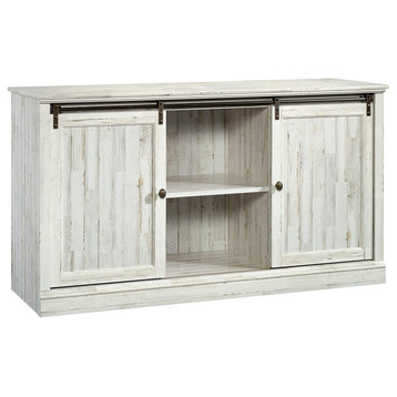 Rustic Sideboard Credenza, Sliding Doors and Open Compartments, White Plank
