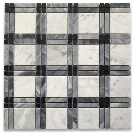 Carrara White Black Gray Marble Plaid Tartan Wall Floor Tile Matte, 1 sheet