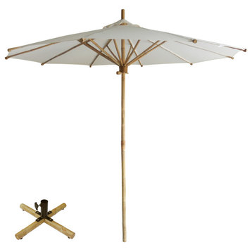 Handcrafted Bamboo Beach Patio Umbrella With Base, White