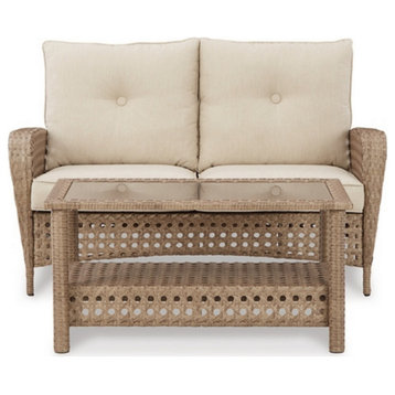 Outdoor Loveseat With Table, 2-Piece Set, Driftwood Resin Wicker, Brown Beige
