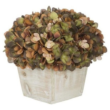 Artificial Coffee/Sage Hydrangea in White-Washed Wood Cube