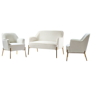 Upholstered 3 Piece Living Room Set With Golden Legs, Ivory