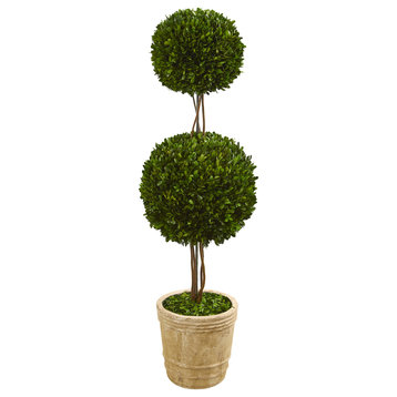 4' Preserved Boxwood Double Ball Topiary Tree, Planter