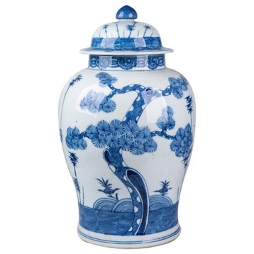 Blue And White Ming Pine Tree Temple Jar
