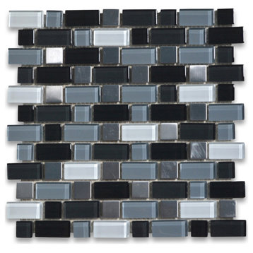 Glass Mosaic Tile Black Grey White Glass Mix Stainless Steel Brick, 1 sheet