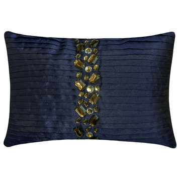 Navy Blue Silk 12"x20" Lumbar Pillow Cover, Pintuck Crystal Crystal Dreams Navy