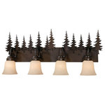 Vaxcel - Vaxcel - Yosemite 4-Light Bathroom Light in Rustic Style 14 Inches Tall and 33 - Collection: Yosemite, Material: Steel, Finish Color: Burnished Bronze, Width: 5", Height: 7.25", Depth: 5", Lamping Type: Incandescent, Number Of Bulbs: 4, Wattage: 100 Watts, Dimmable: Yes, Moisture Rating: Damp Rated, Desc: Evoking the spirit of the wilderness, this rustic themed light is clad in a burnished bronze finish and features silhouetted tree imagery atop glowing amber flake glass. It is a great choice for a vacation lodge, cabin or suburban home and will complement a variety of home styles: anywhere you want to bring an element of nature. This bathroom light is perfect over large or double vanities where there is only one outlet box.  Burnished bronze finish offers a distinctive look and quality steel construction  Amber flake glass provides bright illumination and a rustic feel  Uses 4 x 100 watt E26 Medium base bulbs (not included); LED compatible  33-in W x 14-in H x 8-in D  Dimmable for desired illumination levels when used with dimmable bulbs and compatible wall switch  Mounting hardware and instruction manual included for easy installation  Interior damp rated; ideal for kitchens, bathrooms, or any other area of your home  UL, C UL listing demonstrates this product has met requirements for product safety standards  1 Year limited warranty   Assembly Required: Yes / Canopy Included: Yes / Bulb Shape: A19 / Dimmable: Yes / Shade Included: Yes. ,-Yosemite 4-Light Bathroom Light in Rustic Style 14 Inches Tall and 33 Inches Wide-Tree, Bell-VL55504BBZ