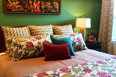 Example of a large transitional master carpeted bedroom design in Other with beige walls