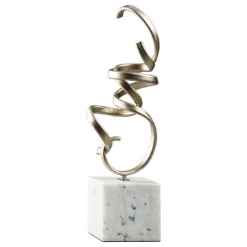 Twisted Scrolled Metal Sculpture With Marble Base, Champagne Gold and White