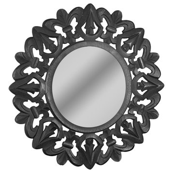 Hand-Carved Wood Medallion Sunburst Accent Mirror Black, 31"