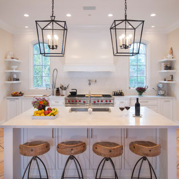 Transitional Kitchen Remodel with Pendant Lighting and Open Shelving