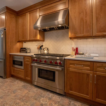 Transitional Warm Wood Farmhouse Kitchen Remodel | Quartz Countertops & Modern L