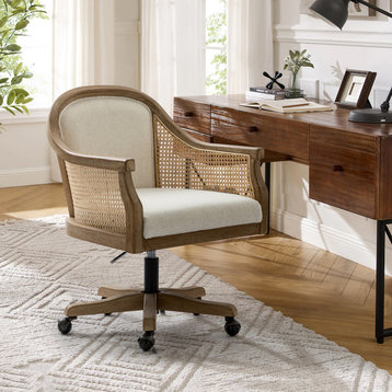 Xaver Farmhouse Home Office Desk Task Chair With Rattan Arms, Ivory