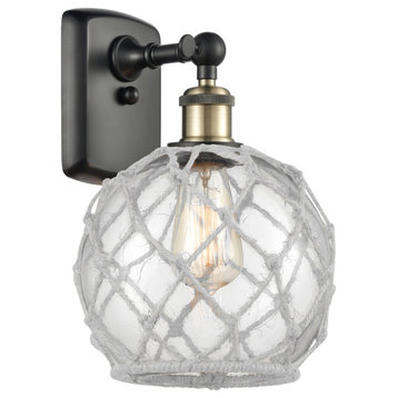 Farmhouse Rope 1-Light Sconce, Black Antique Brass, Clear Glass With White Rope