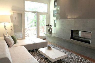 Example of a mid-sized minimalist formal and enclosed medium tone wood floor living room design in DC Metro with white walls, a ribbon fireplace, a concrete fireplace and no tv