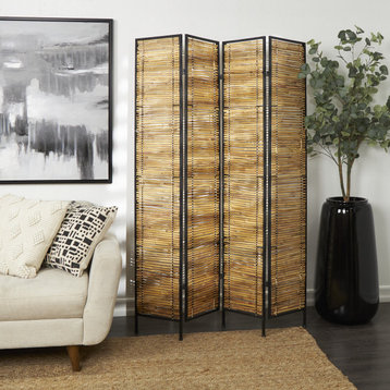 Rustic Room Divider, Bamboo Stick Design With Metal Frame & 4 panel, Light Brown