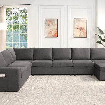 Waylon 145.5" Gray Linen 7-Seater U-Shape Sectional Sofa Chaise with Pocket