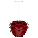 UMAGE - Aluvia Hardwired Pendant, Mini, Ruby/White - Modern. Elegant. Striking. The VITA Aluvia is an artistic assemblage of 60 precision-cut aluminum leaves, overlapping each other on a durable polycarbonate frame. These metal leaves surround the light source, emitting glare-free, ambient light.  The underside of each leaf is painted white for increased light reflection, and the exterior is finished in one of six designer colors. Available in two sizes, the Medium (18.9"h x 23.3"w) can be used as a pendant or hanging wall lamp, while the Mini (11.8"h x 15.7"w) is available as a pendant, table lamp, floor lamp or hanging wall lamp. Hang it over the dining table, position it in a corner, or use as a statement piece anywhere; the Aluvia makes an artistic impact in any room.