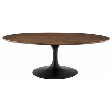 Modern Coffee Table, Black Pedestal Base & Oval Walnut Top, Minimalist Design