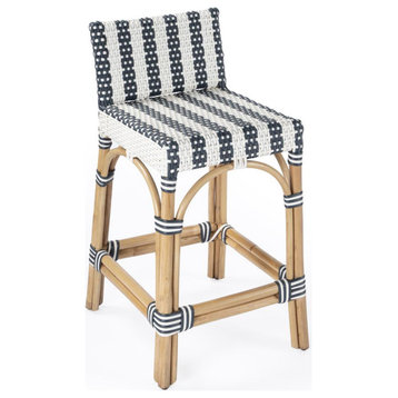 Blue and White Rattan Low Back Counter Stool, Belen Kox