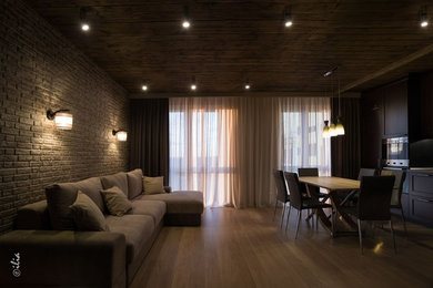 На фото: парадная, открытая гостиная комната среднего размера в современном стиле с бежевыми стенами, паркетным полом среднего тона, телевизором на стене и коричневым полом без камина с